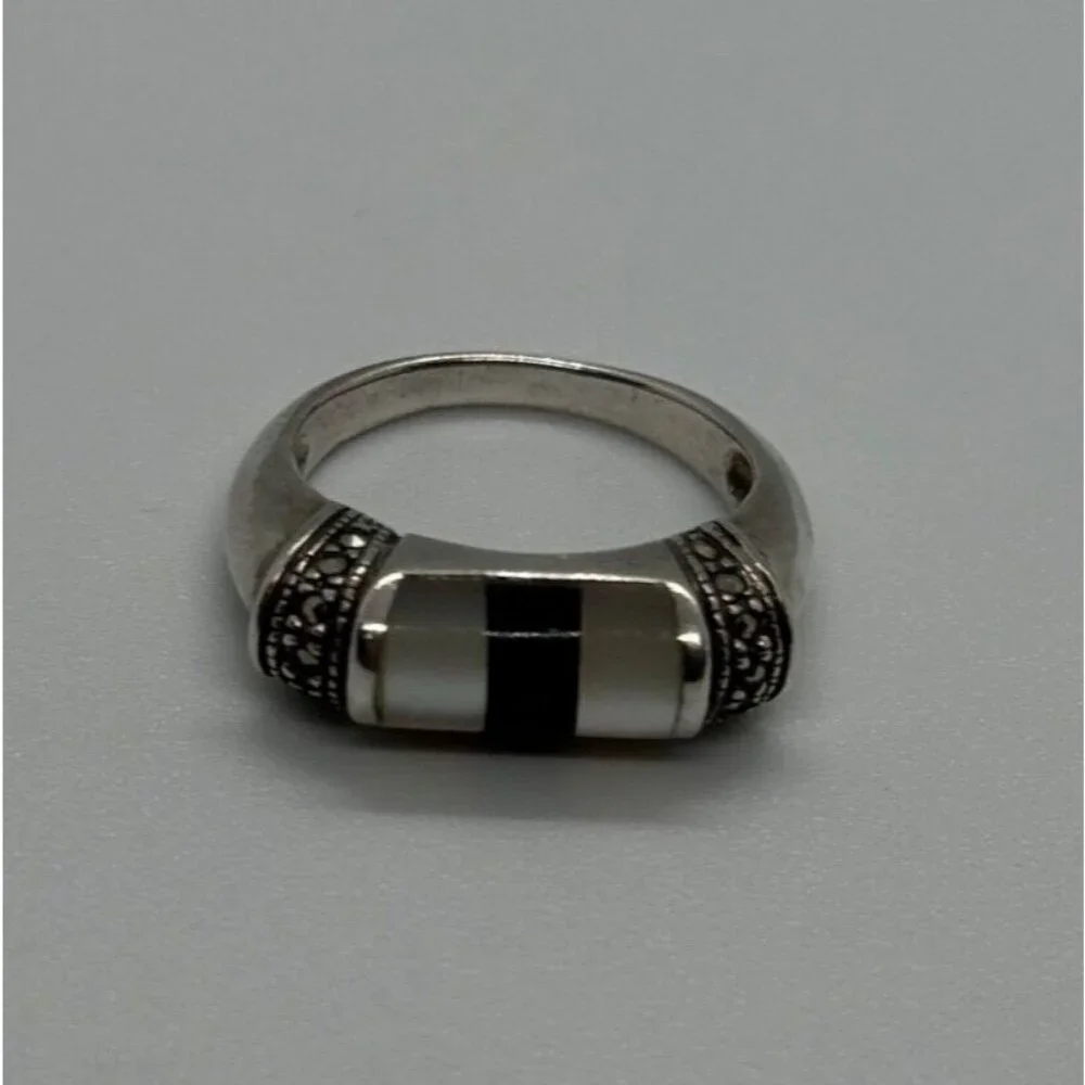 925 STERLING SILVER ABALONE, ENAMEL & MARCASITE RING SIZE 7